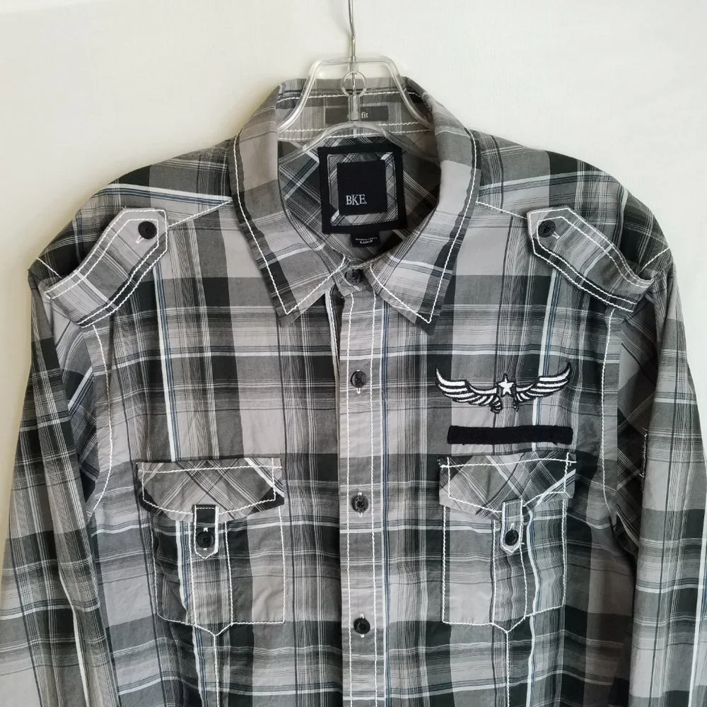 BKE Buckle Plaid Button Front Long Sleeve Shirt SLIM FIT‎ Mens Large